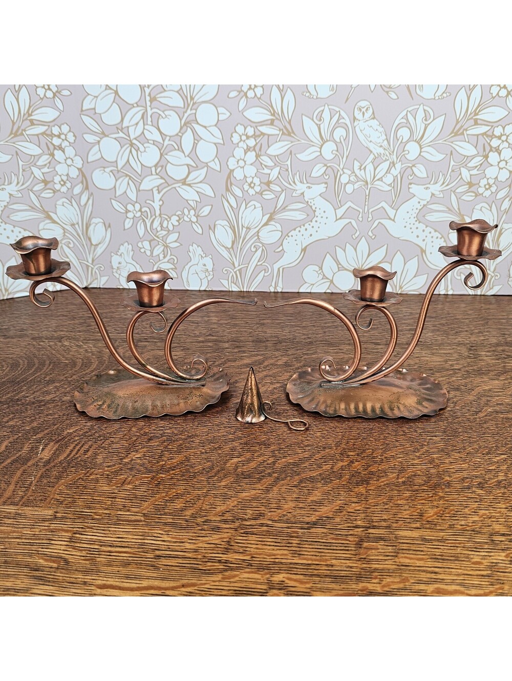 Vintage Gregorian Solid Copper Candle Holders Pair with Candle Snuffer